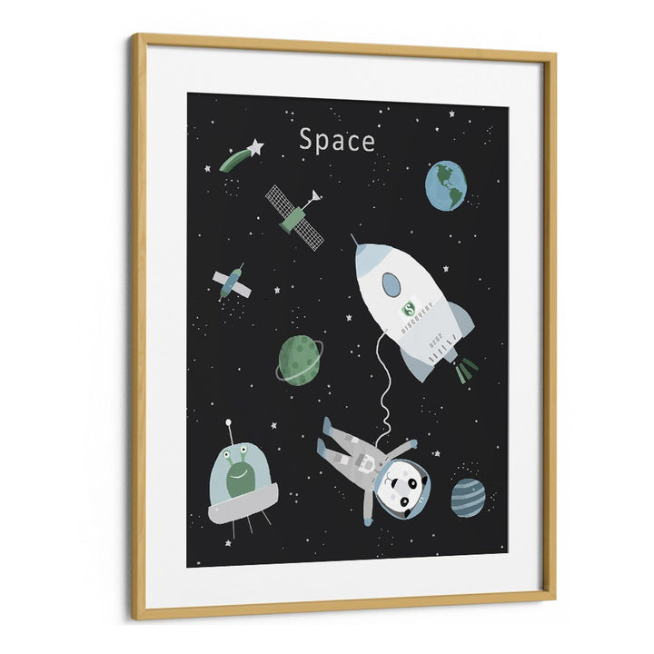 Funny Panda With Space Rocket By Carla Daly Kids Painting in Oak Wood Frame With Mount