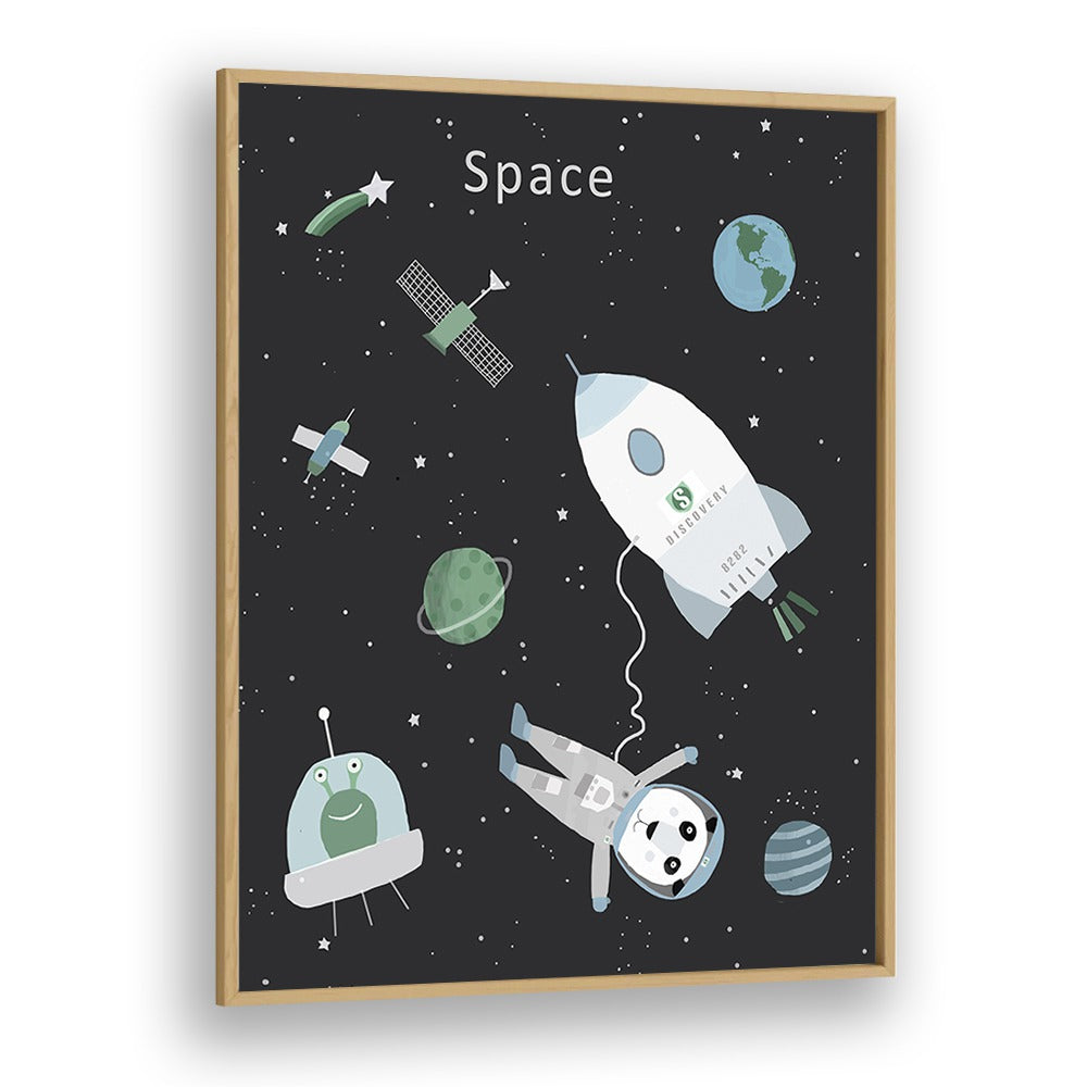 Funny Panda With Space Rocket By Carla Daly Kids Painting in Oak Wood Plain Frame