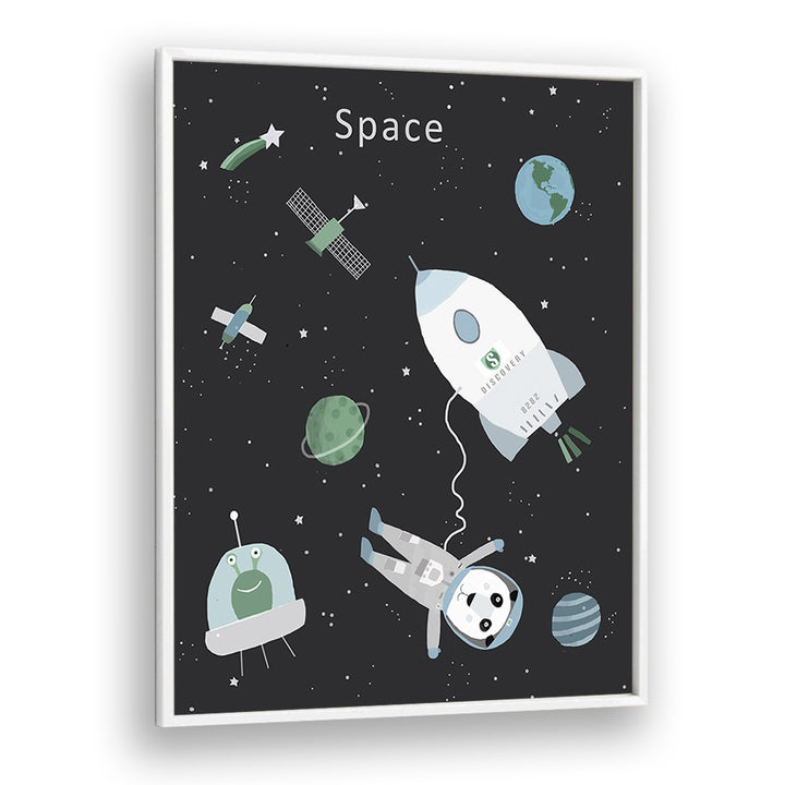 Funny Panda With Space Rocket By Carla Daly Kids Painting in White Plain Frame