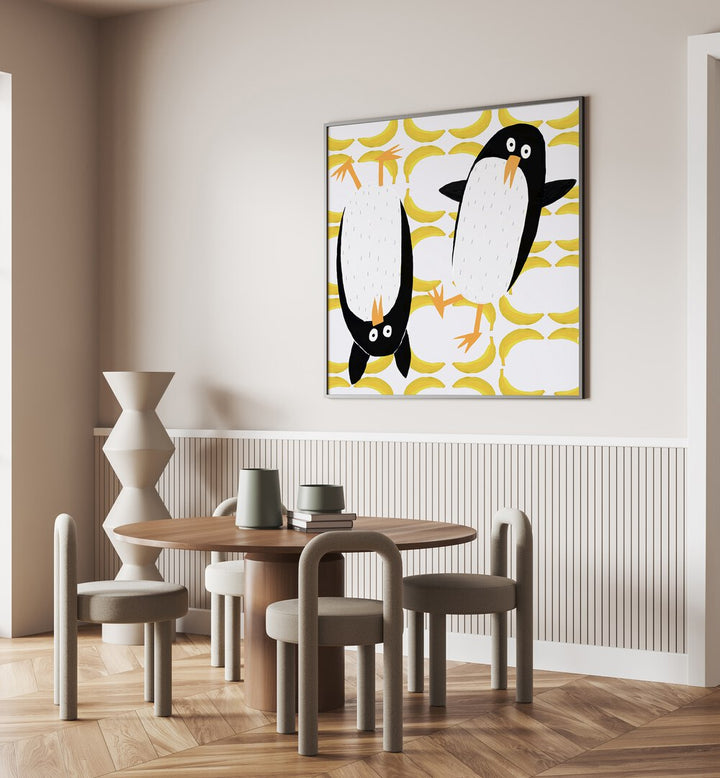 Funny Penguins With Banana Pattern Background By Carla Daly Kids Room Paintings placed on a wall