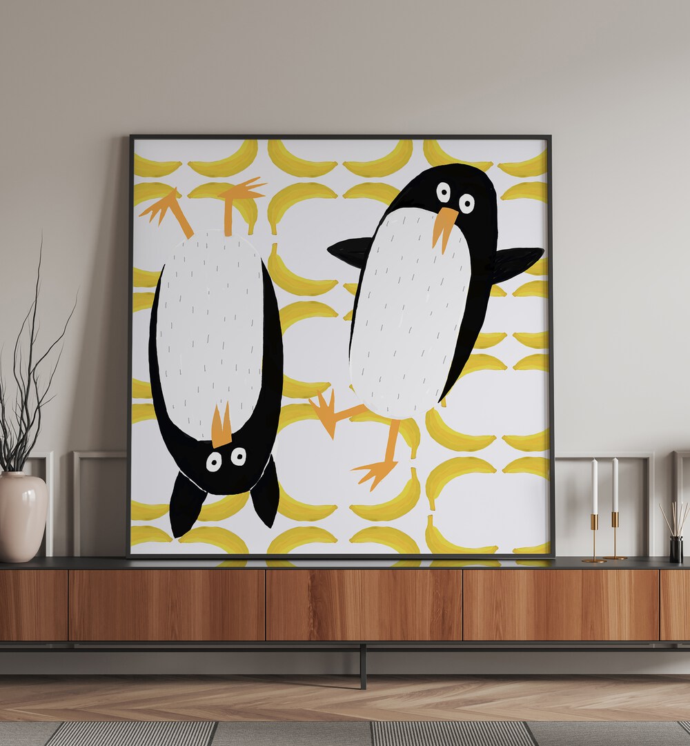 Funny Penguins With Banana Pattern Background By Carla Daly Kids Room Paintings placed on a wall
