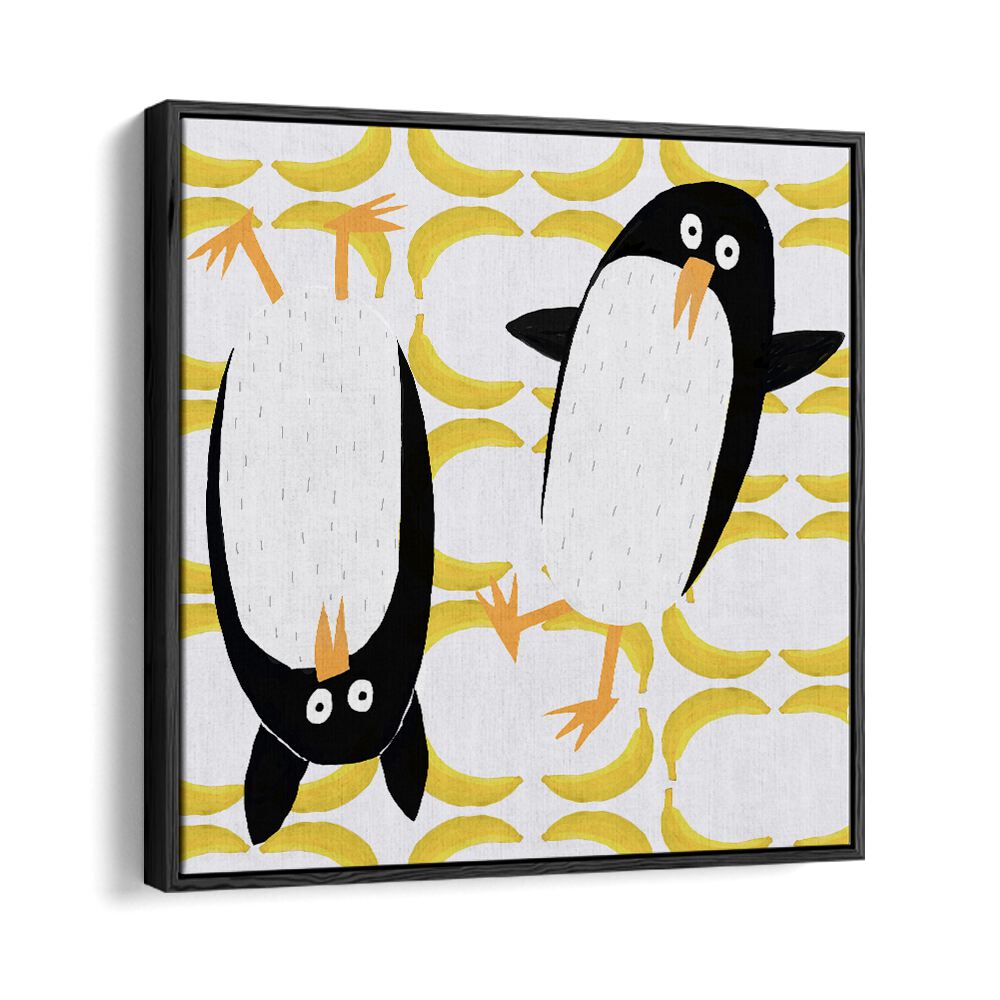 Funny Penguins With Banana Pattern Background By Carla Daly Kids Room Painting in Black Floater Frame