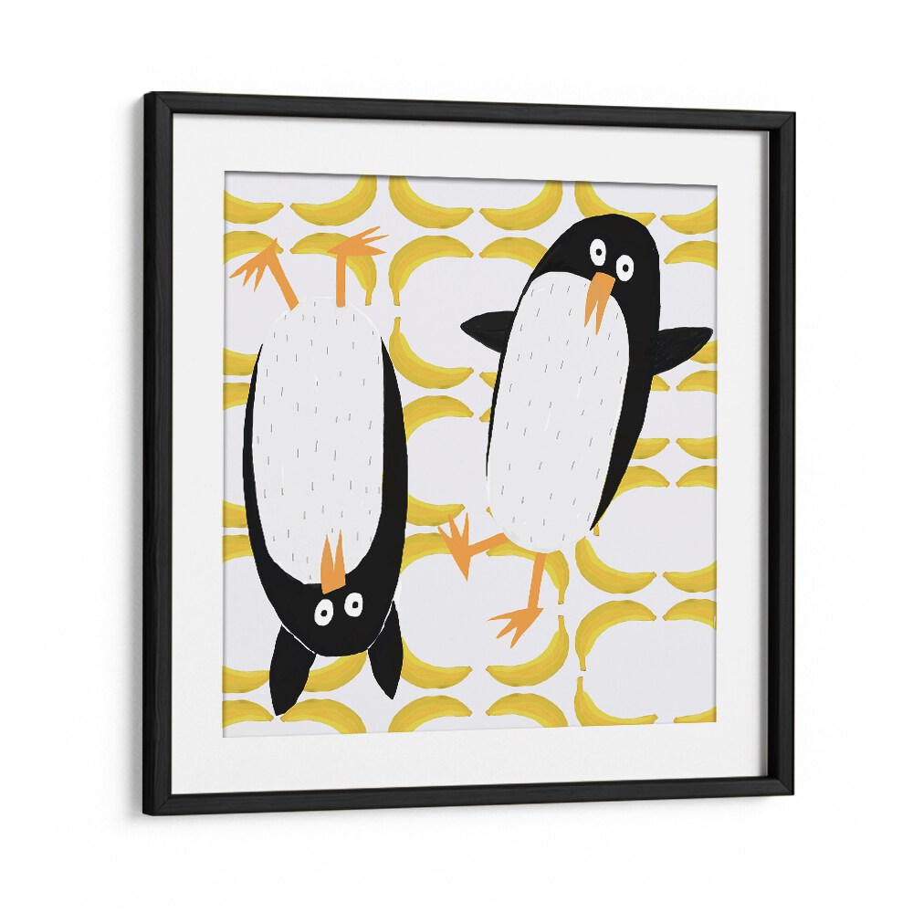 Funny Penguins With Banana Pattern Background By Carla Daly Kids Room Painting in Black Frame With Mount