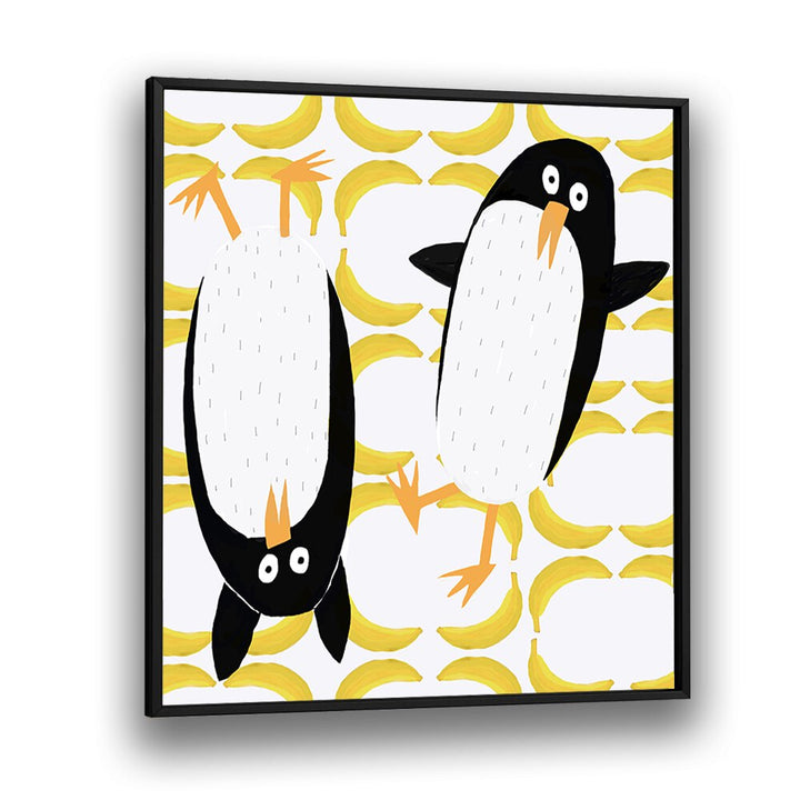 Funny Penguins With Banana Pattern Background By Carla Daly Kids Room Painting in Black Plain Frame