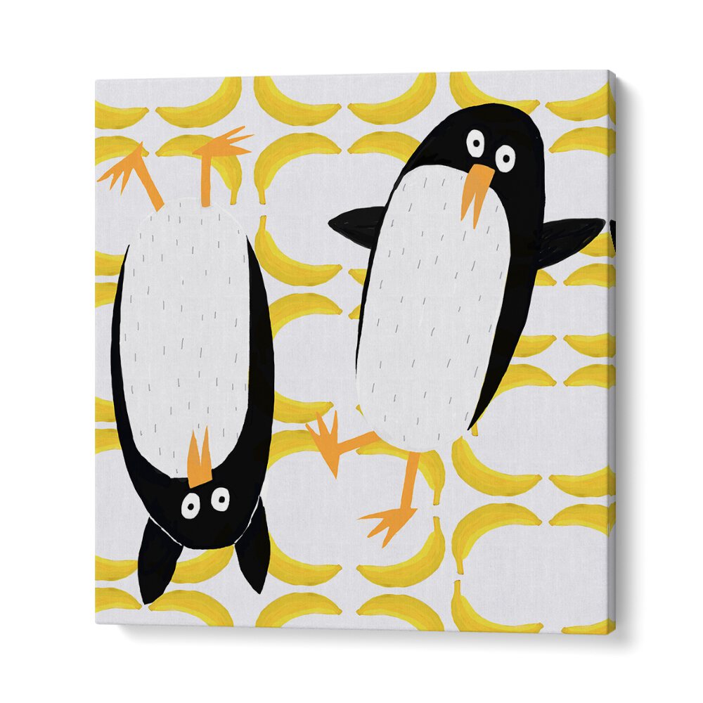 Funny Penguins With Banana Pattern Background By Carla Daly Kids Room Painting in Gallery Wrap