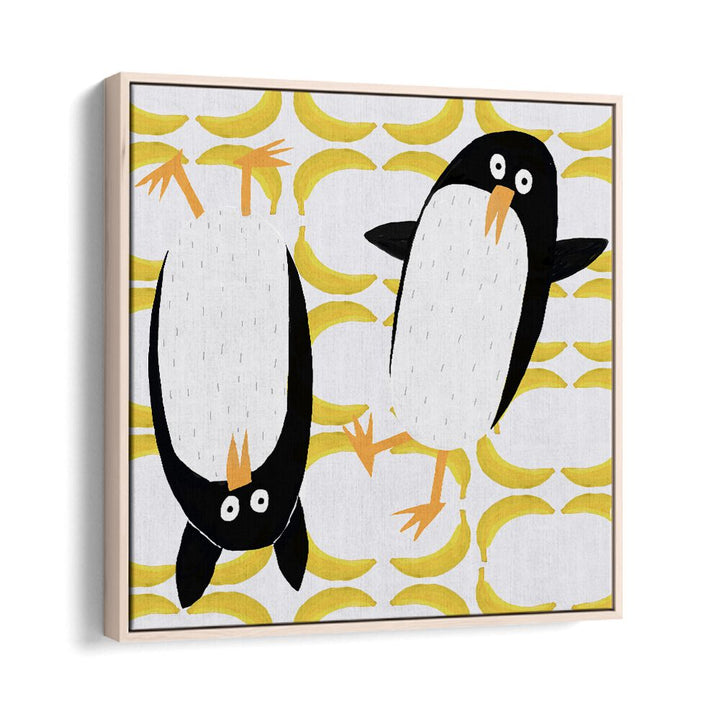 Funny Penguins With Banana Pattern Background By Carla Daly Kids Room Painting in Oak Wood Floater Frame