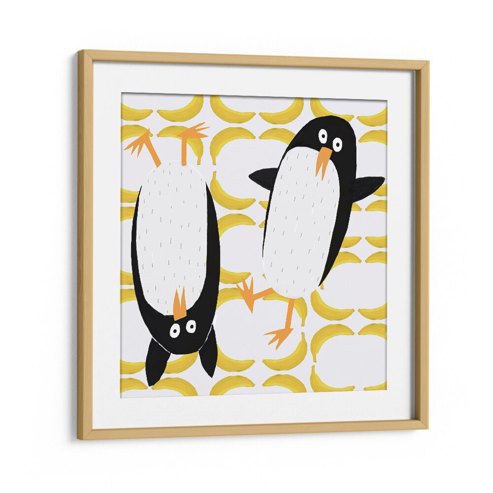 Funny Penguins With Banana Pattern Background By Carla Daly Kids Room Painting in Oak Wood Frame With Mount