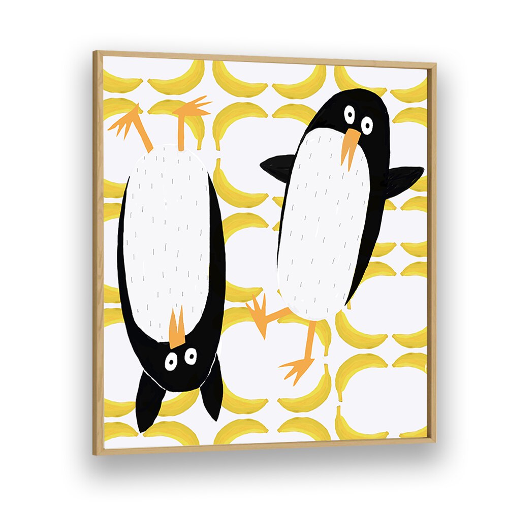 Funny Penguins With Banana Pattern Background By Carla Daly Kids Room Painting in Oak Wood Plain Frame