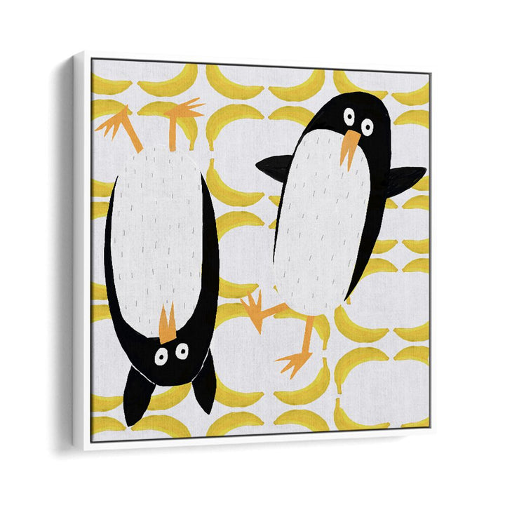 Funny Penguins With Banana Pattern Background By Carla Daly Kids Room Painting in White Floater Frame