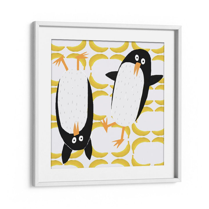 Funny Penguins With Banana Pattern Background By Carla Daly Kids Room Painting in White Frame With Mount