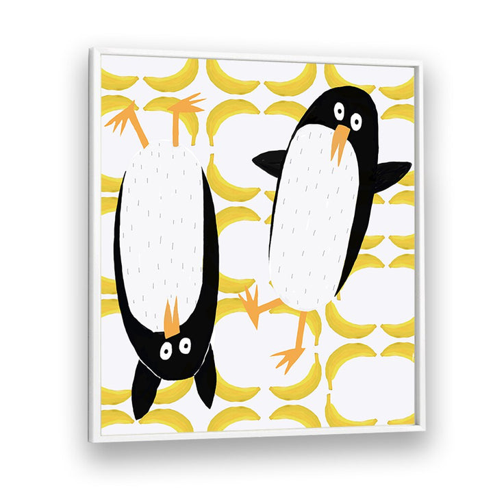 Funny Penguins With Banana Pattern Background By Carla Daly Kids Room Painting in White Plain Frame