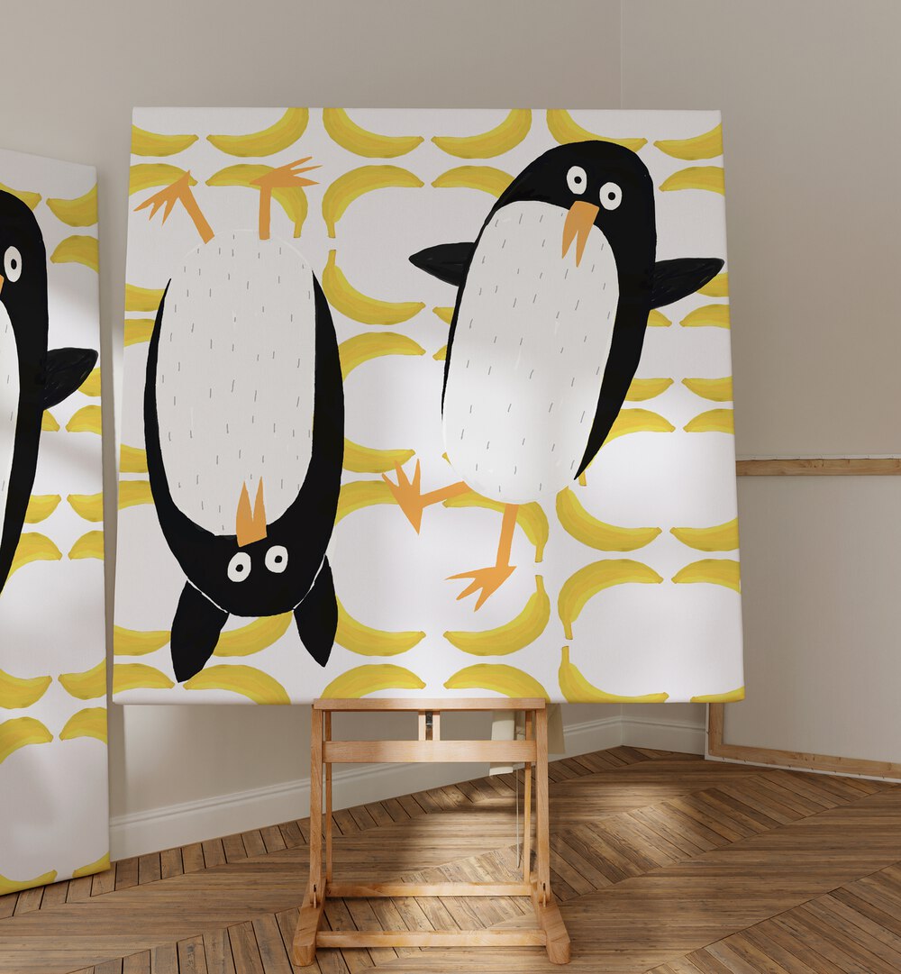 Funny Penguins With Banana Pattern Background By Carla Daly Kids Room Paintings placed on a wall