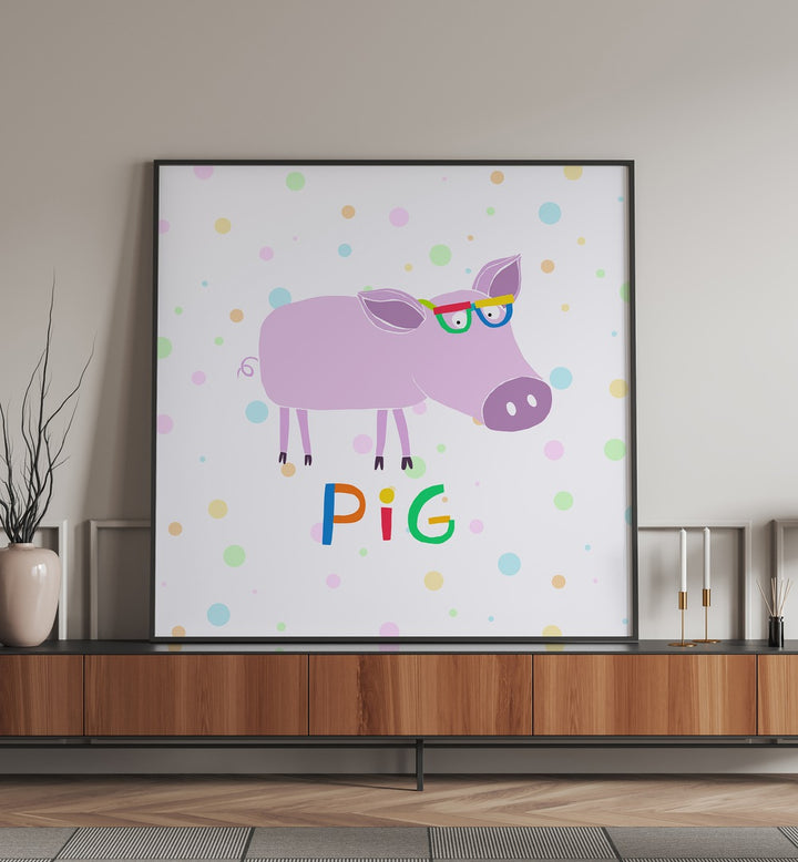 Funny Pig Wearing Glasses By Carla Daly Kids Room Paintings placed on a wall
