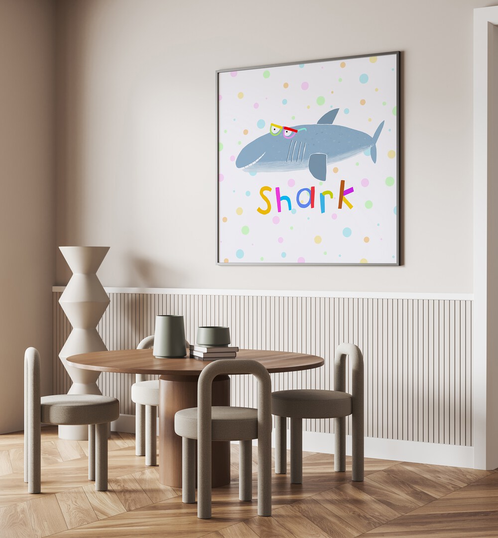 Funny Shark Wearing Glasses By Carla Daly Kids Room Paintings placed on a wall
