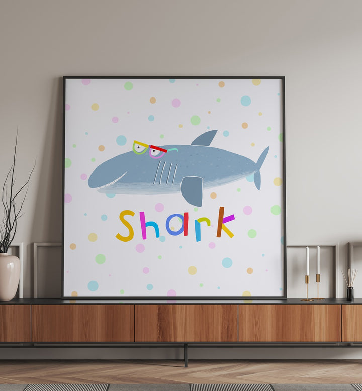 Funny Shark Wearing Glasses By Carla Daly Kids Room Paintings placed on a wall