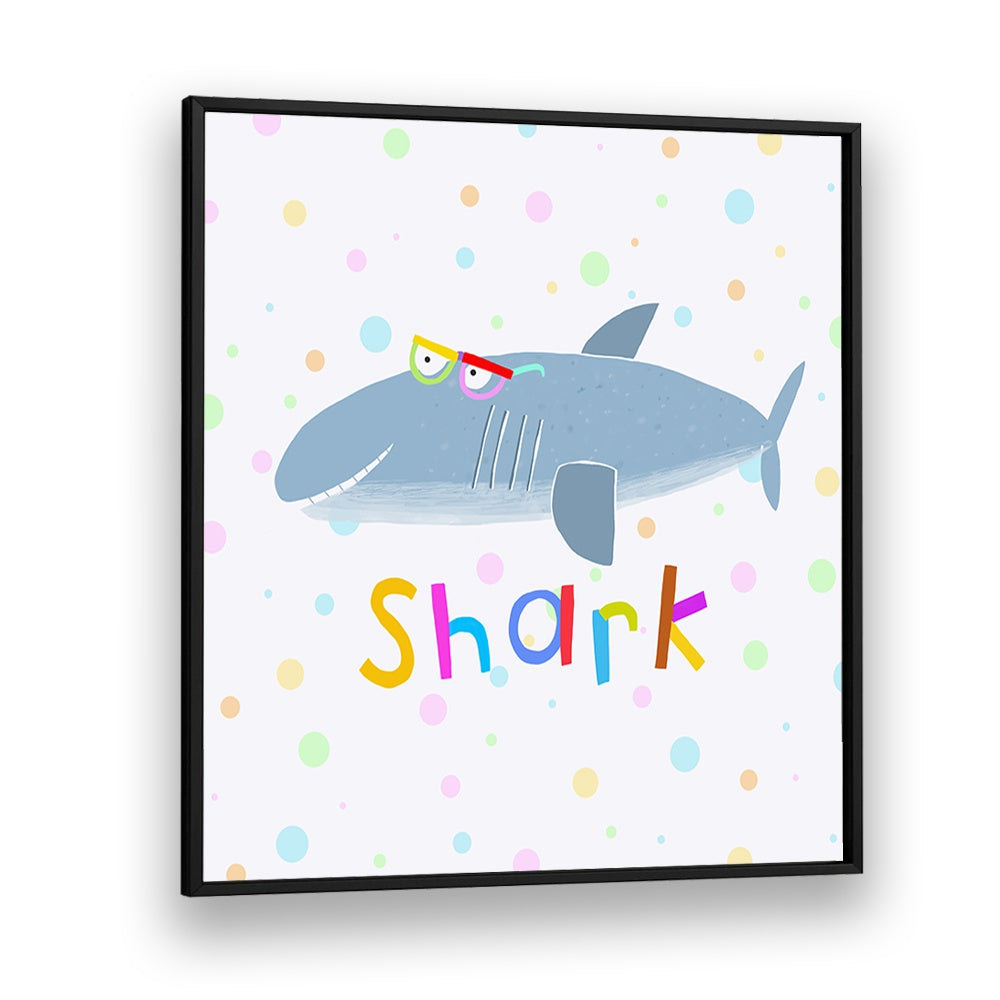 Funny Shark Wearing Glasses By Carla Daly Kids Room Painting in Black Plain Frame