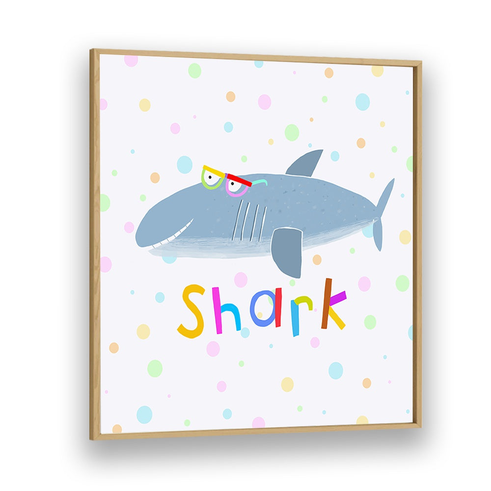 Funny Shark Wearing Glasses By Carla Daly Kids Room Painting in Oak Wood Plain Frame