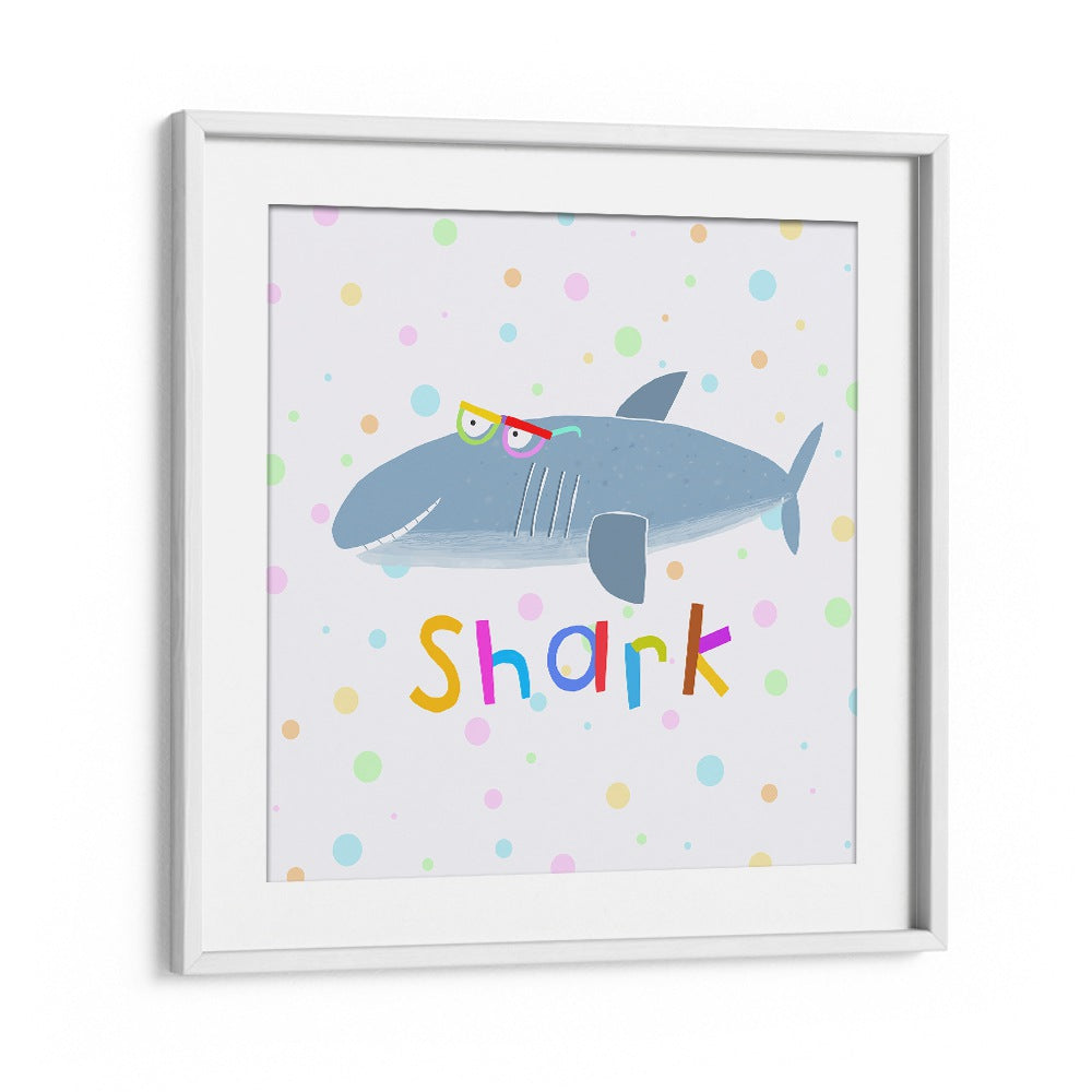 Funny Shark Wearing Glasses By Carla Daly Kids Room Painting in White Frame With Mount