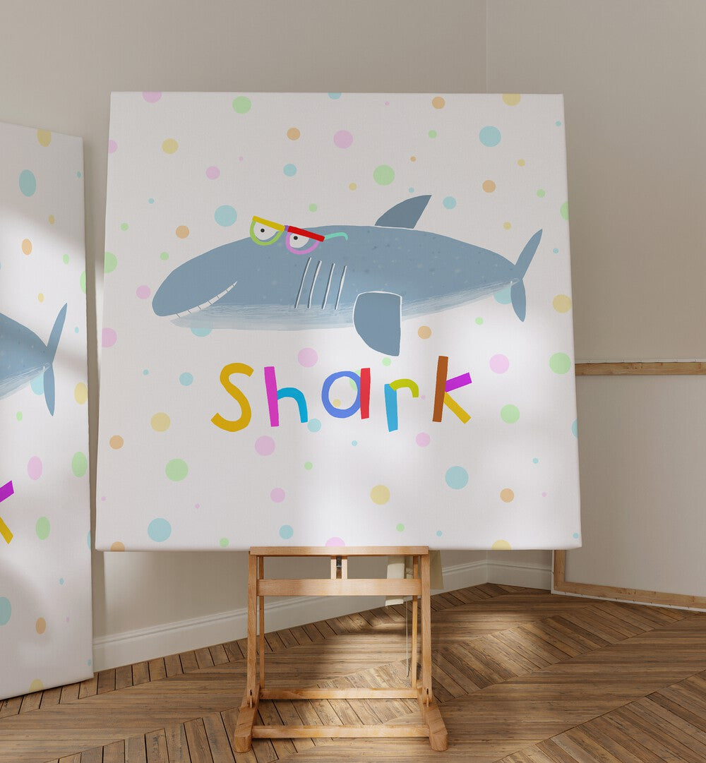 Funny Shark Wearing Glasses By Carla Daly Kids Room Paintings placed on a wall