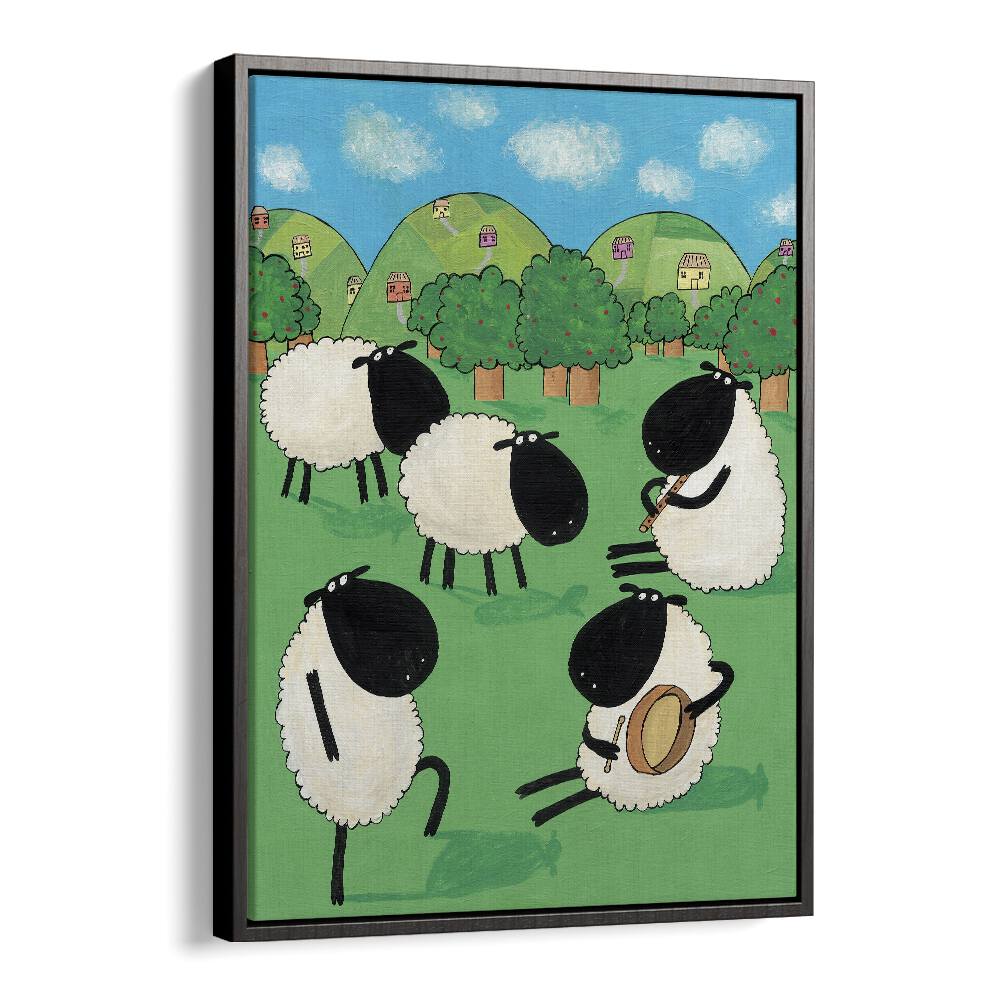 Funny Sheep Dancing In A Green Field By Carla Daly Kids Painting in Black Floater Frame