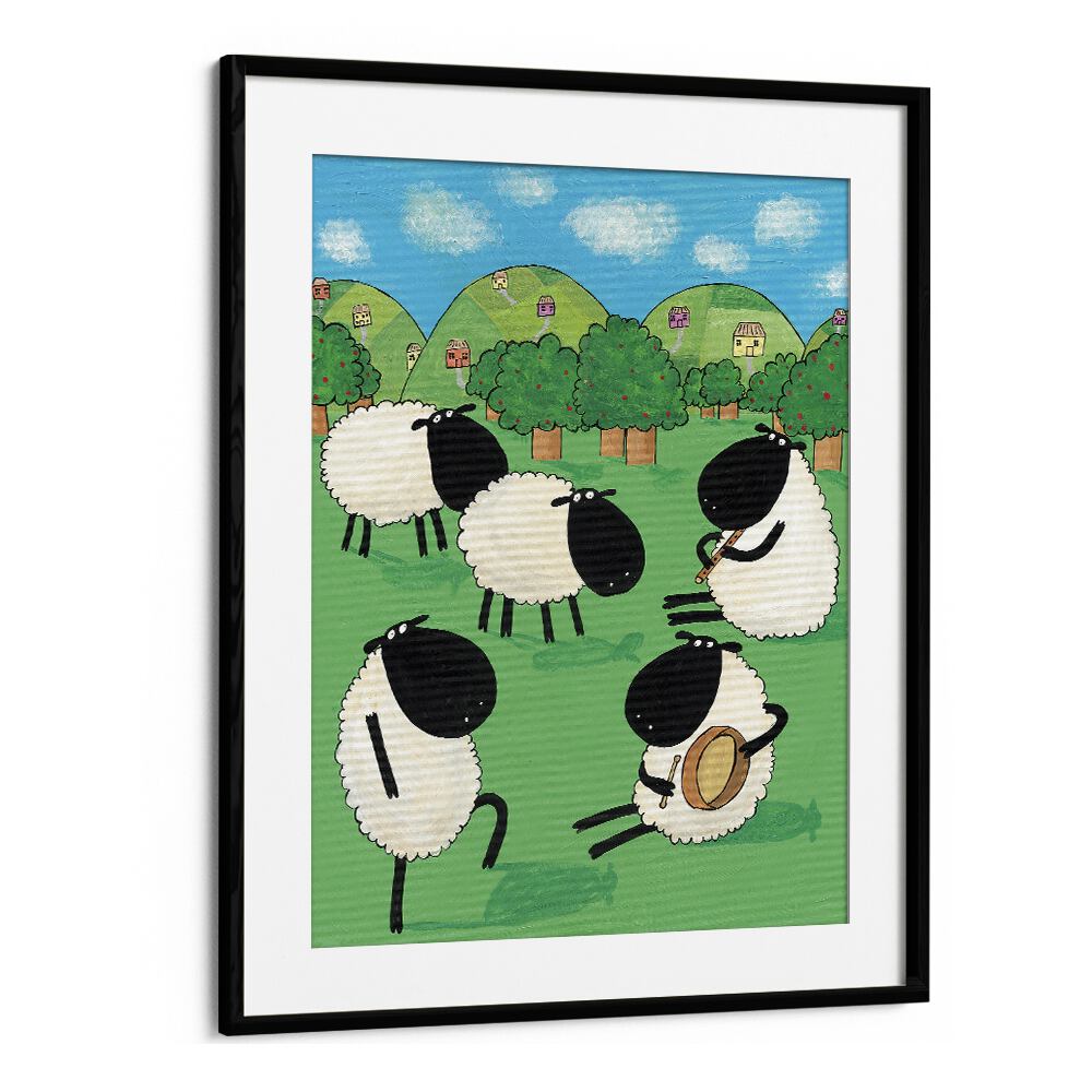 Funny Sheep Dancing In A Green Field By Carla Daly Kids Painting in Black Frame With Mount