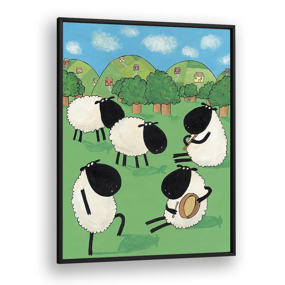 Funny Sheep Dancing In A Green Field By Carla Daly Kids Painting in Black Plain Frame