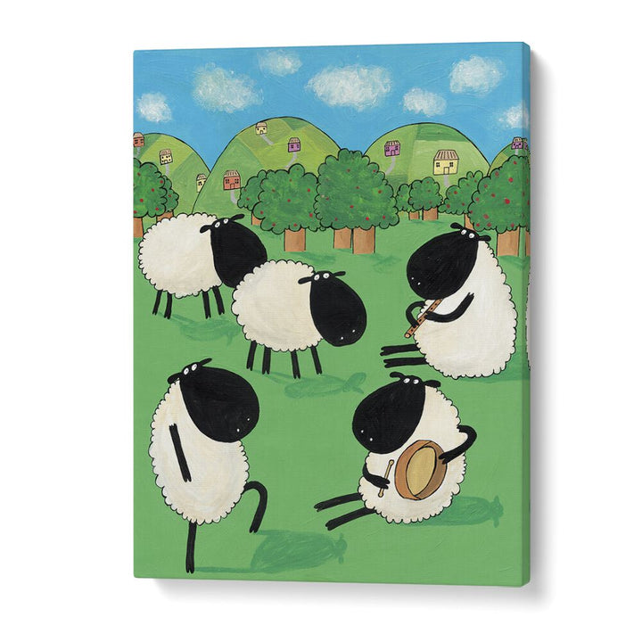 Funny Sheep Dancing In A Green Field By Carla Daly Kids Painting in Gallery Wrap