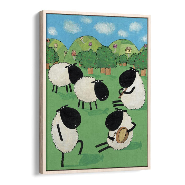 Funny Sheep Dancing In A Green Field By Carla Daly Kids Painting in Oak Wood Floater Frame