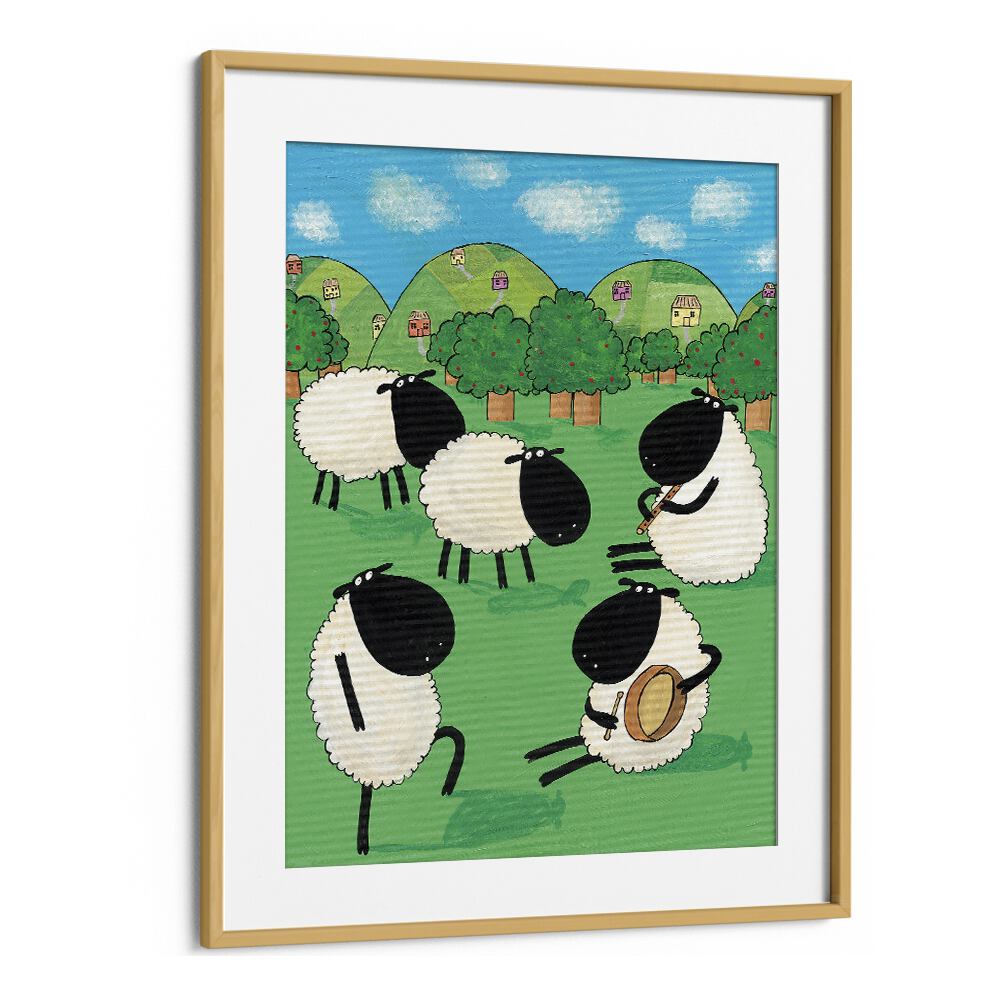 Funny Sheep Dancing In A Green Field By Carla Daly Kids Painting in Oak Wood Frame With Mount