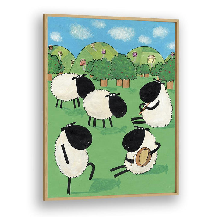 Funny Sheep Dancing In A Green Field By Carla Daly Kids Painting in Oak Wood Plain Frame