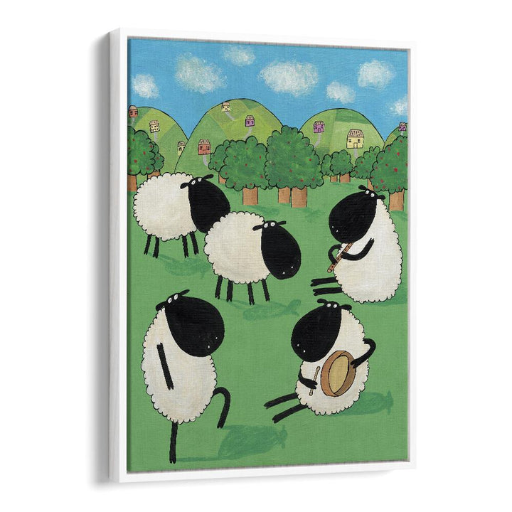 Funny Sheep Dancing In A Green Field By Carla Daly Kids Painting in White Floater Frame