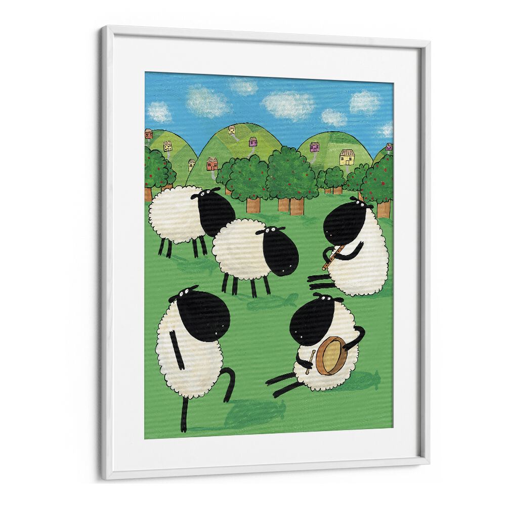 Funny Sheep Dancing In A Green Field By Carla Daly Kids Painting in White Frame With Mount