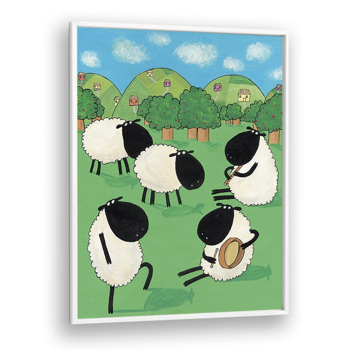 Funny Sheep Dancing In A Green Field By Carla Daly Kids Painting in White Plain Frame