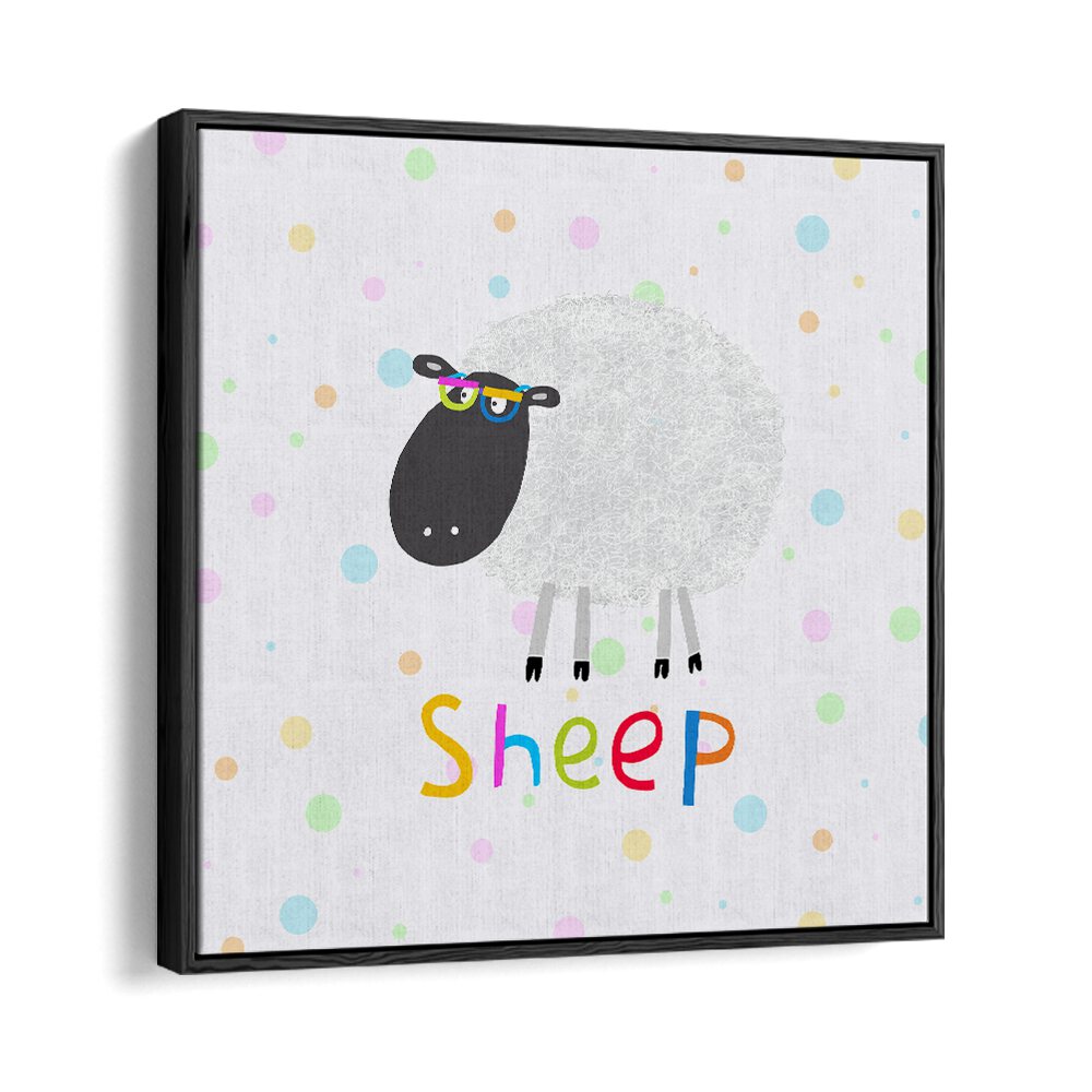 Funny Sheep Wearing Glasses By Carla Daly Kids Room Painting in Black Floater Frame