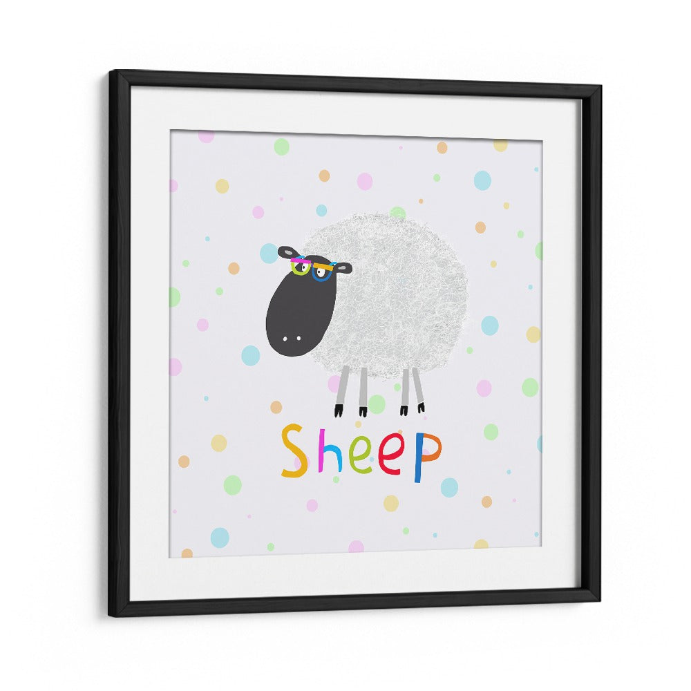 Funny Sheep Wearing Glasses By Carla Daly Kids Room Painting in Black Frame With Mount