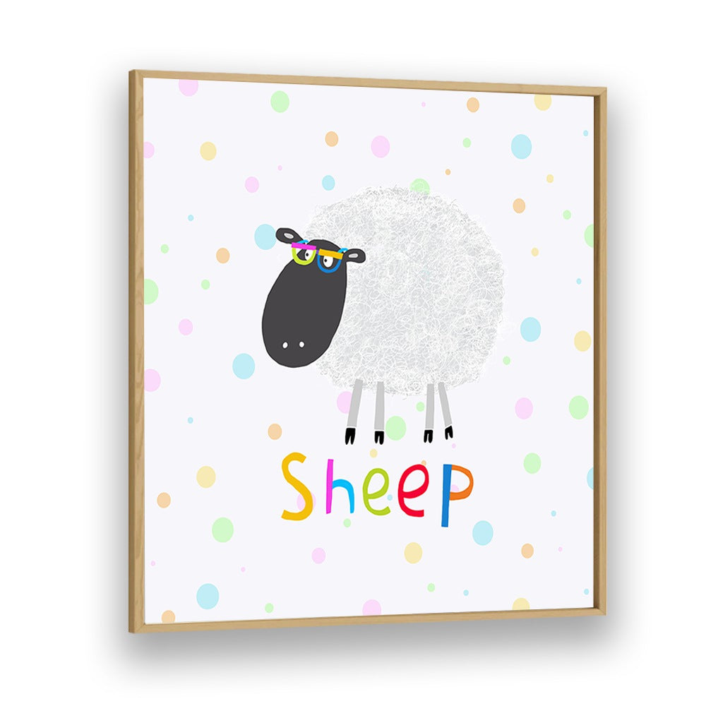 Funny Sheep Wearing Glasses By Carla Daly Kids Room Painting in Oak Wood Plain Frame