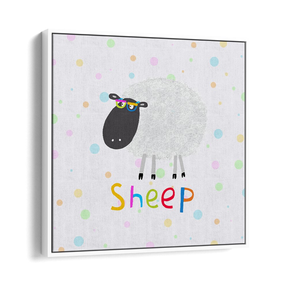 Funny Sheep Wearing Glasses By Carla Daly Kids Room Painting in White Floater Frame