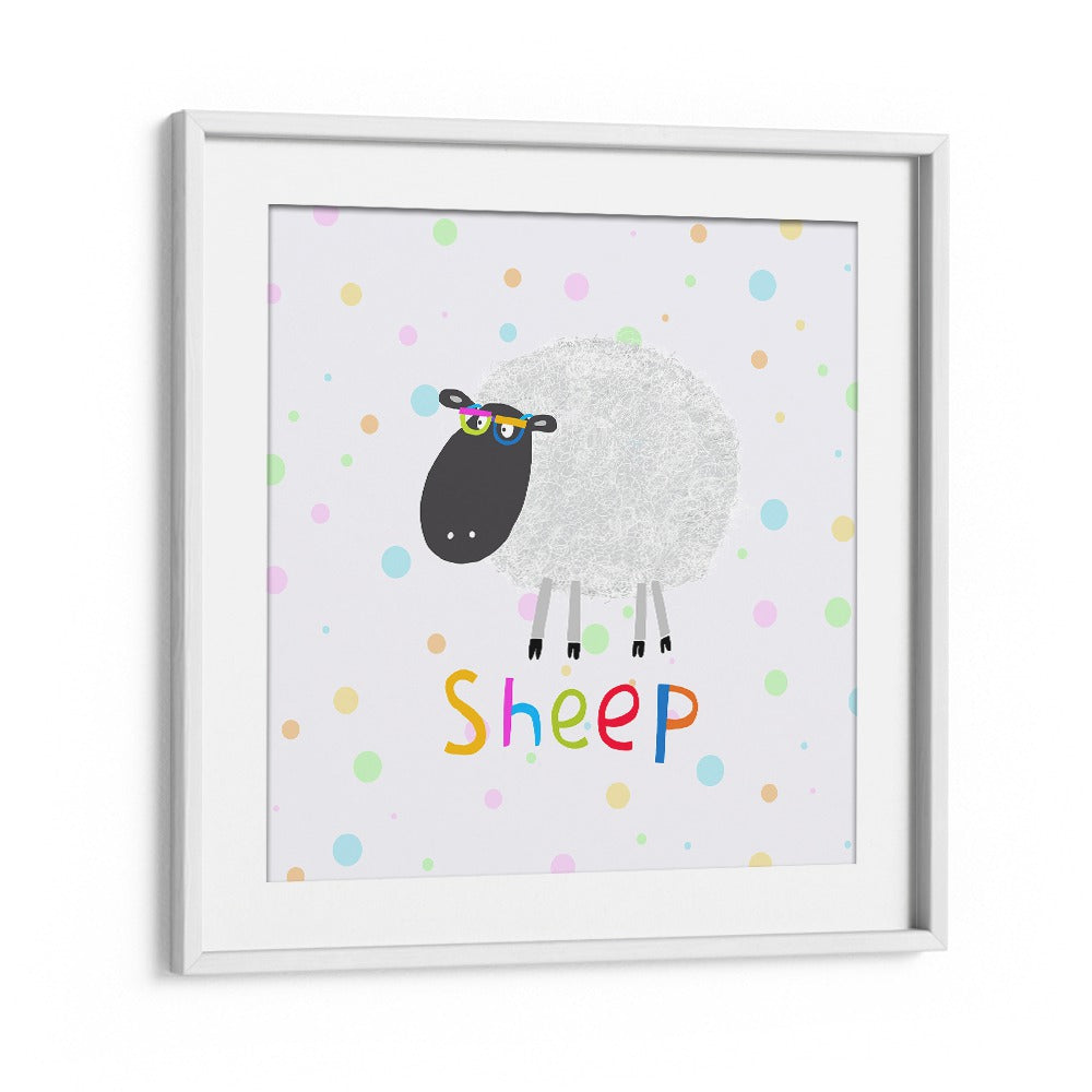 Funny Sheep Wearing Glasses By Carla Daly Kids Room Painting in White Frame With Mount