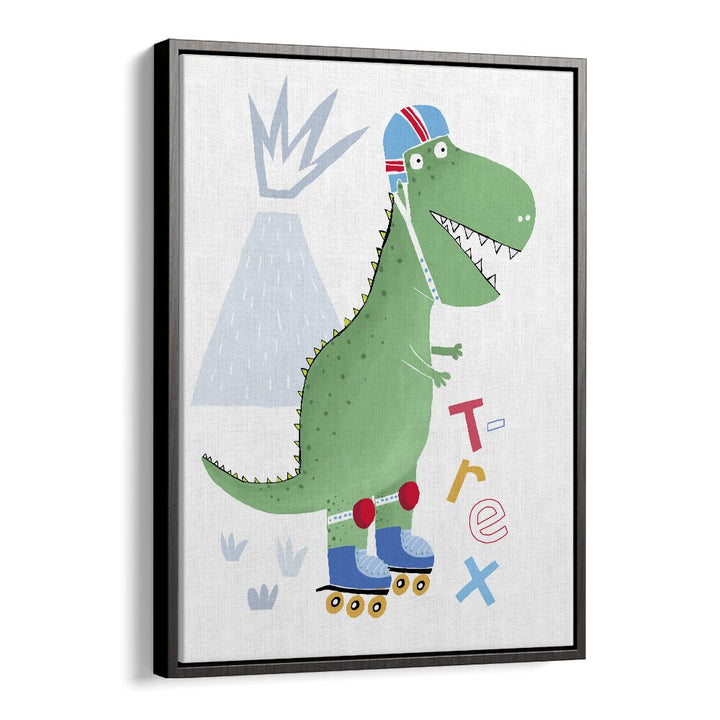 Funny T-rex On Rollerblades With Volcano By Carla Daly Kids Painting in Black Floater Frame