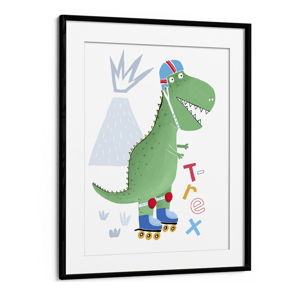 Funny T-rex On Rollerblades With Volcano By Carla Daly Kids Painting in Black Frame With Mount