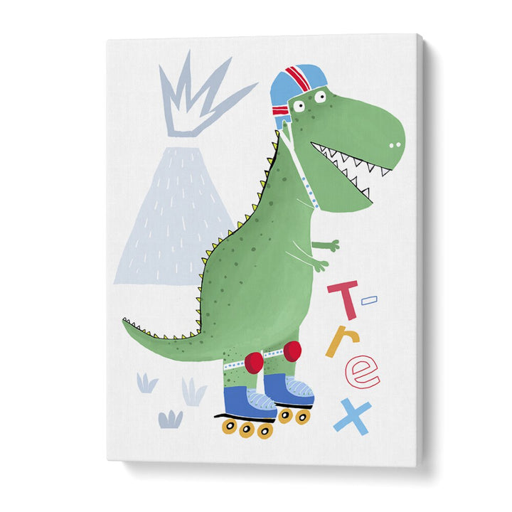 Funny T-rex On Rollerblades With Volcano By Carla Daly Kids Painting in Gallery Wrap