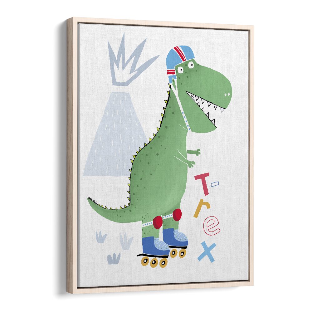 Funny T-rex On Rollerblades With Volcano By Carla Daly Kids Painting in Oak Wood Floater Frame