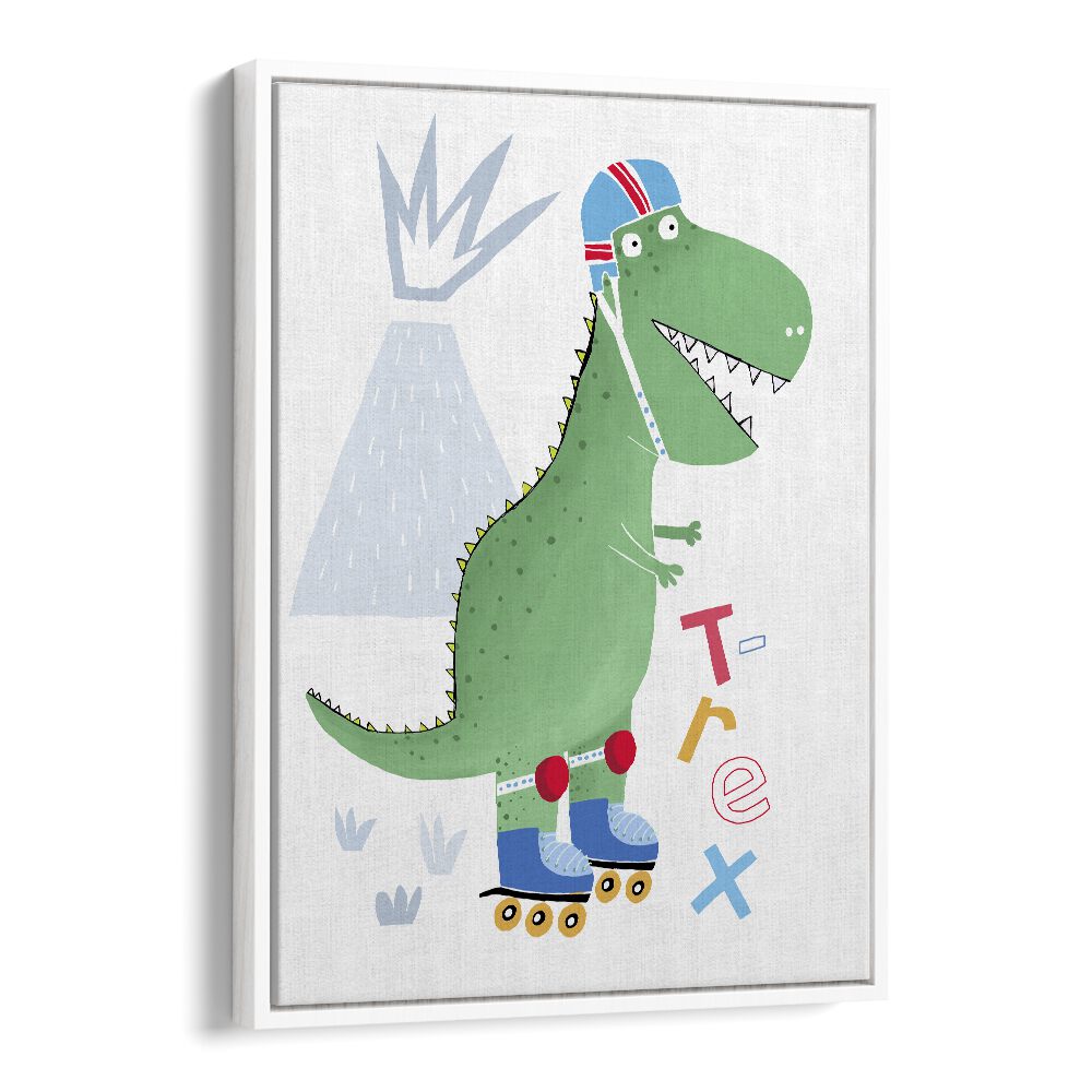 Funny T-rex On Rollerblades With Volcano By Carla Daly Kids Painting in White Floater Frame