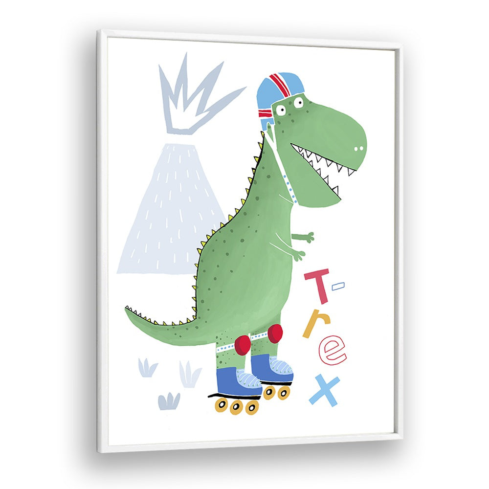 Funny T-rex On Rollerblades With Volcano By Carla Daly Kids Painting in White Plain Frame