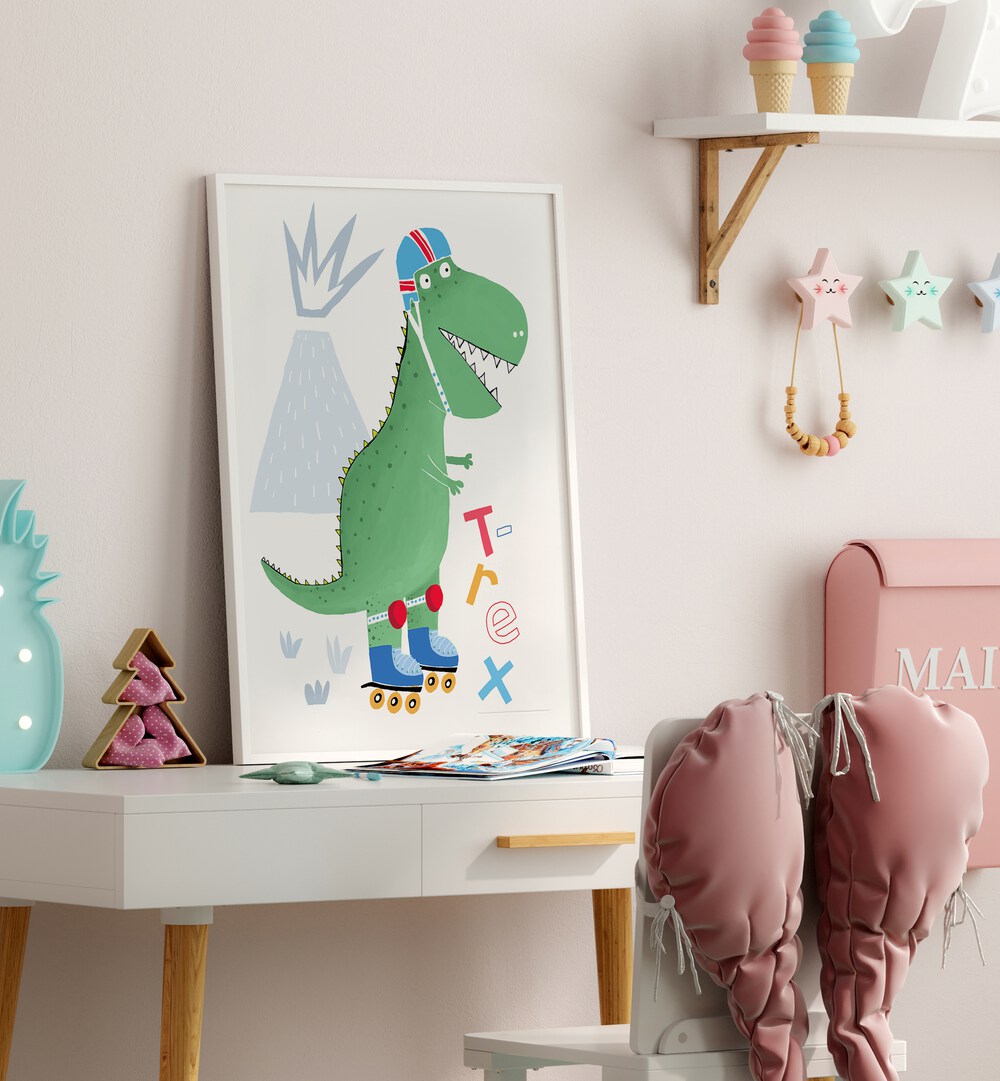 Funny T-rex On Rollerblades With Volcano By Carla Daly Kids Paintings placed on a wall