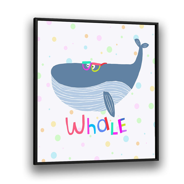 Funny Whale Wearing Glasses By Carla Daly Kids Room Painting in Black Plain Frame