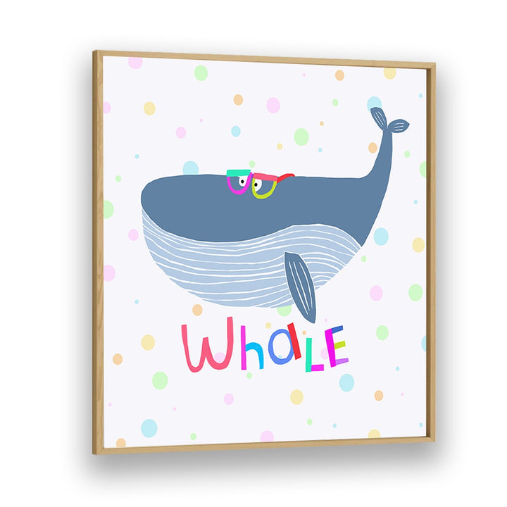 Funny Whale Wearing Glasses By Carla Daly Kids Room Painting in Oak Wood Plain Frame