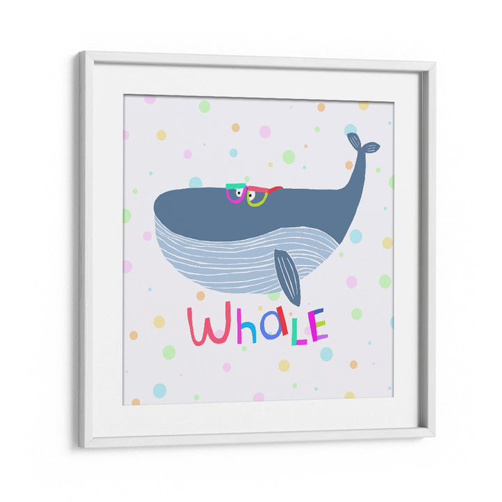 Funny Whale Wearing Glasses By Carla Daly Kids Room Painting in White Frame With Mount