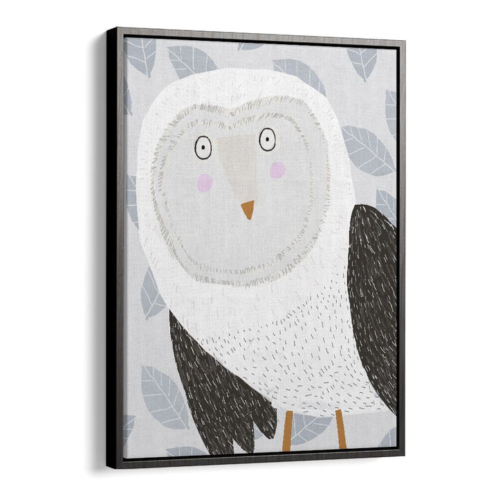 Funny Winter Owl With Grey Leaf Pattern By Carla Daly Kids Painting in Black Floater Frame