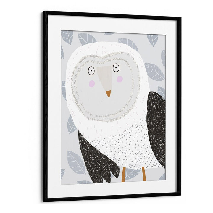 Funny Winter Owl With Grey Leaf Pattern By Carla Daly Kids Painting in Black Frame With Mount